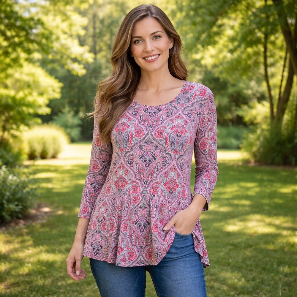 J.Jill Stretchy Paisley Peplum Top Women’s Medium | Long Sleeve Boho Tunic